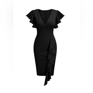 Knitee Womens Deep-V Neck Ruffle Sleeves Cocktail Party Pencil Slit Dress <269>